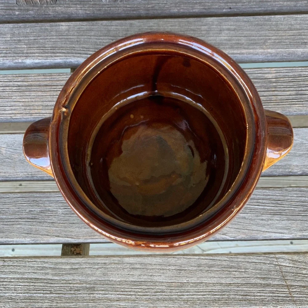 Vintage 3-Tone Stoneware Crock Bean Pot with Lid Brown Cook N Serve Farmhouse
